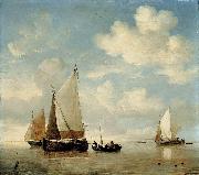 willem van de velde  the younger Dutch Smalschips and a Rowing Boat painting